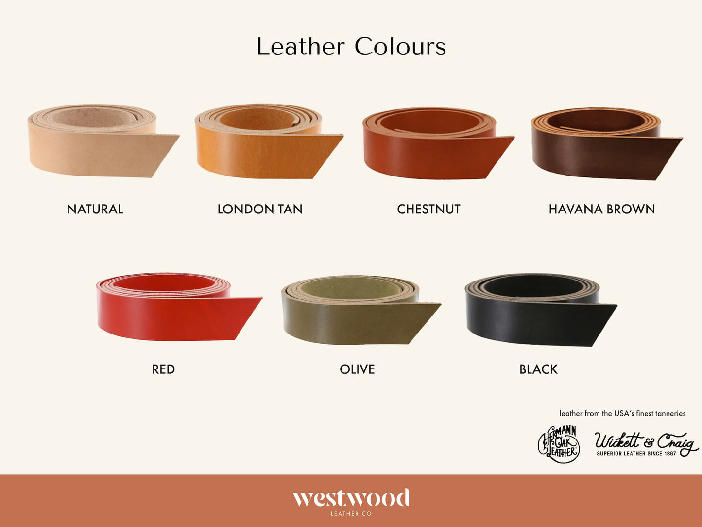 Collection of leather strips in various colors with Westwood Leather Co. branding.
