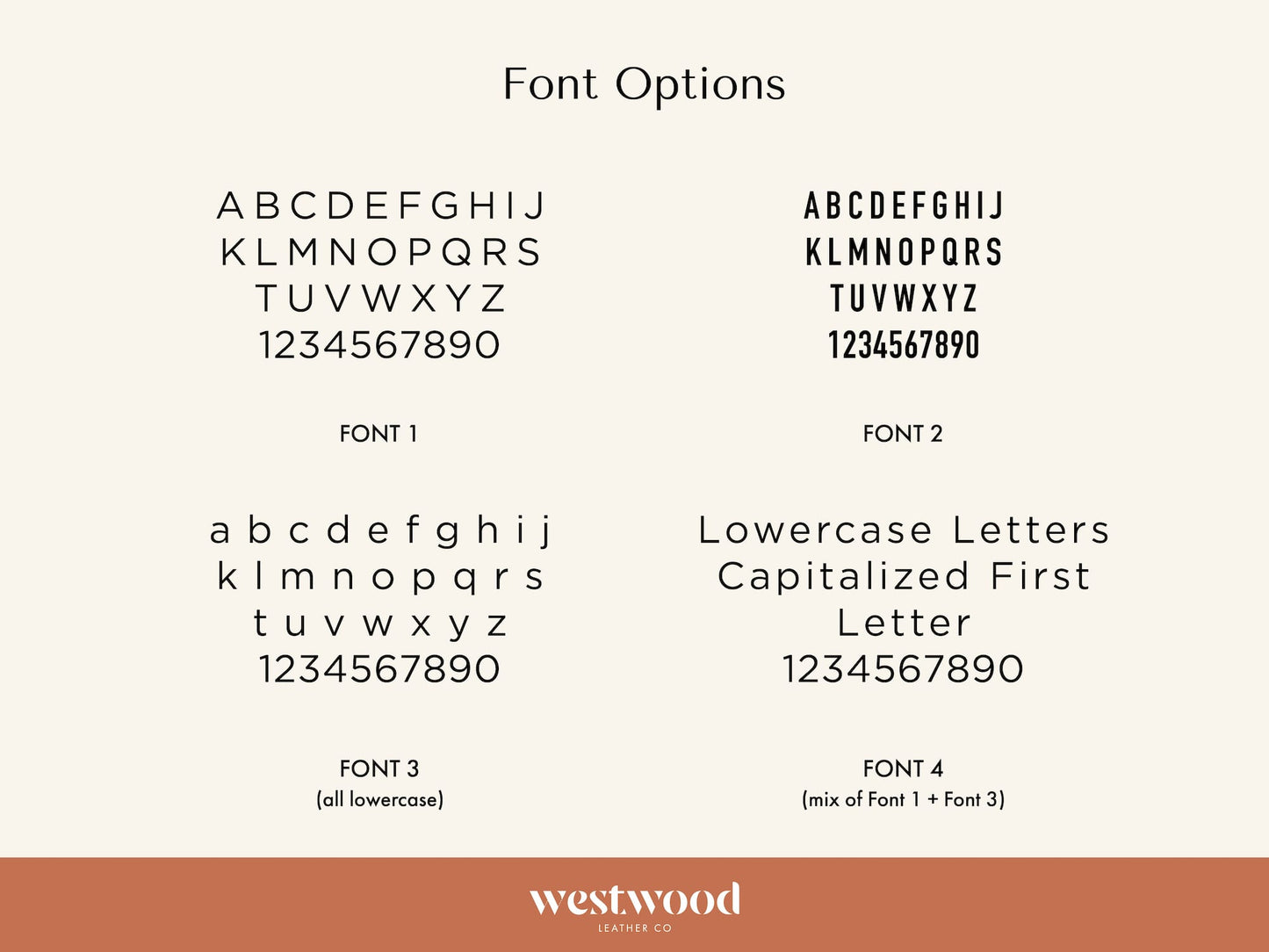 Collection of font options with Westwood Leather Co. branding.