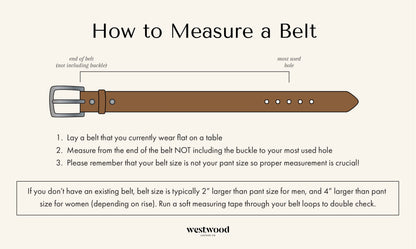 Instructional diagram on how to measure a belt with text and a brown belt.