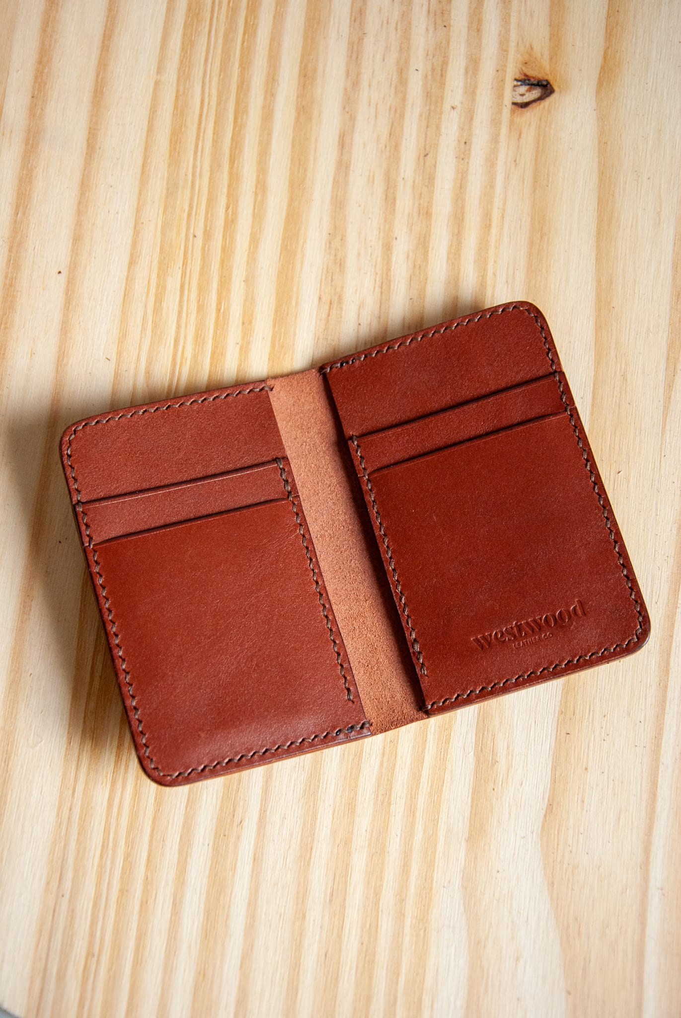 Brown leather wallet on a wooden surface